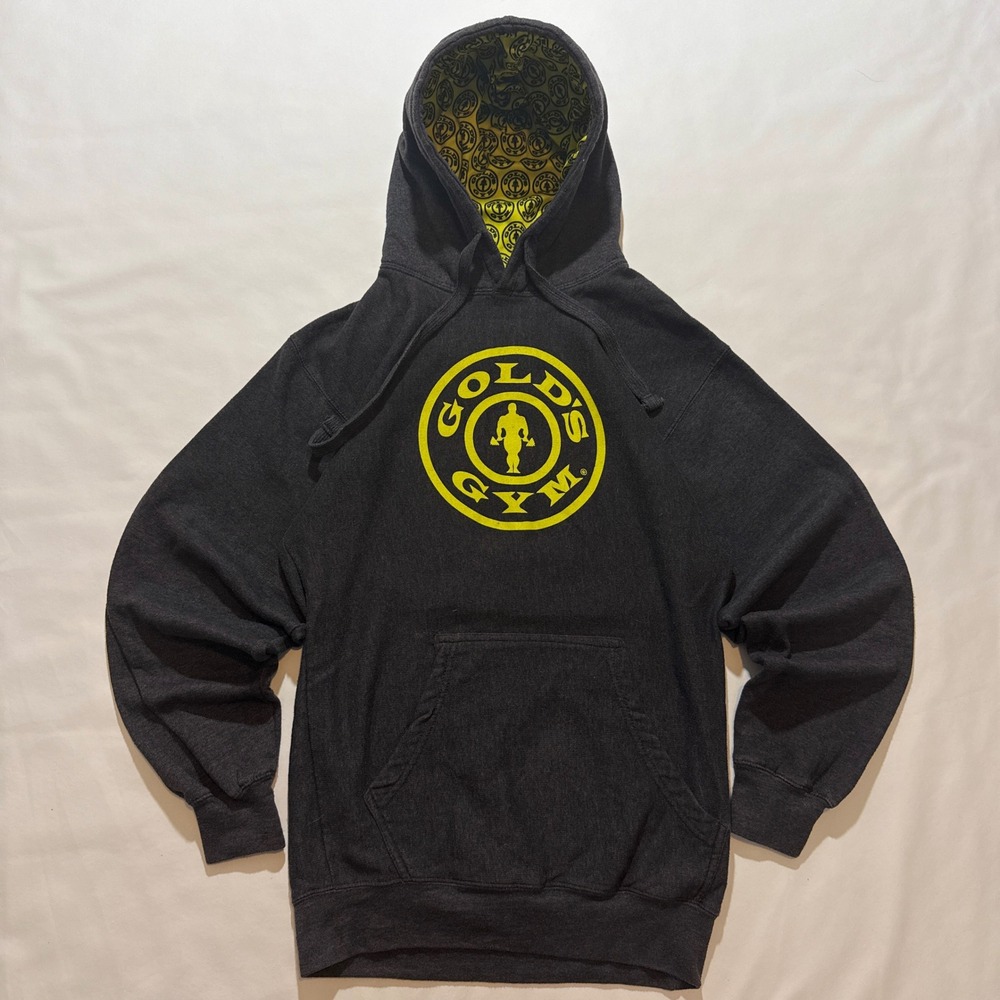 Golds Gym Hoodie Men Small Charcoal Grey Yellow Logo Lined Hood Pullover